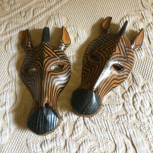 Vintage Hand Carved Wood Zebra Tribal Masks Pair • Boho Safari Art